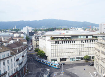 Elevated view across Zurich, Paradeplatz