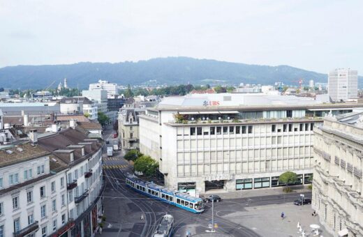 Elevated view across Zurich, Paradeplatz