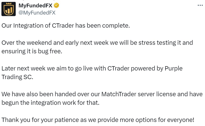 MyFundedFX tweet re cTrader and Purple Trading