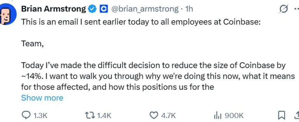Brian Armstong Coinbase tweet layoffs
